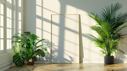 Fototapeta premium Bright Room with Houseplants and Empty Frame - Generative AI