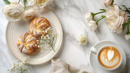 Freshly Baked Croissants and Cappuccino with Latte Art on Marble Table, Surrounded by Flowers. Concept of romantic breakfast, pastry, coffee break