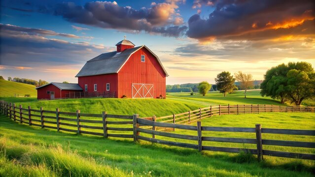 Red barn and fence in serene countryside landscape, farm, rural, agriculture, rustic, countryside, scenic, wooden