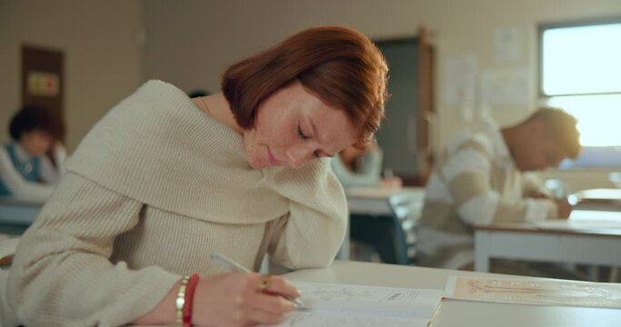 High school, girl and overwhelmed in exam with anxiety, stress and emotion in classroom, pupil or education. Female person, thinking and frustrated in learning, development and struggling with answer
