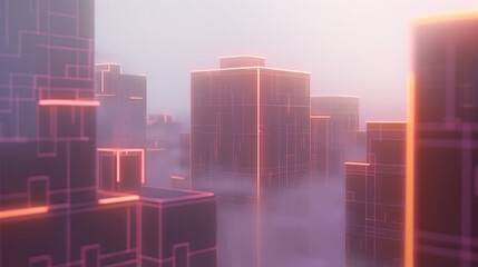 A futuristic city skyline at twilight, with buildings outlined in neon colors transitioning from crimson to burnt orange and indigo. The sky blends from evening blue to shades of purple and pink, 