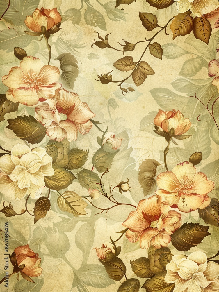 Poster A classic floral wallpaper pattern featuring delicate roses and lush leaves in vintage tones. Perfect for adding a touch of nostalgia and elegance to any space. Generative AI