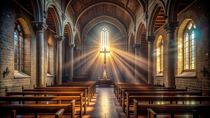 Fototapeta premium Dramatic, dimly lit, empty church interior with a single ray of light shining down, symbolizing divine connection and intense emotional release.