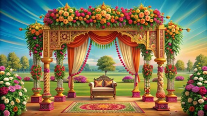 Obraz premium Vibrant illustration of traditional Indian wedding mandap with intricately designed floral arch, adorned with colorful blooms and lush greenery.