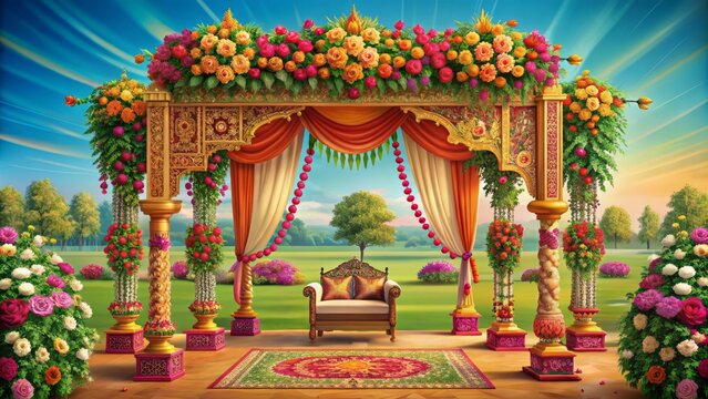Vibrant illustration of traditional Indian wedding mandap with intricately designed floral arch, adorned with colorful blooms and lush greenery.
