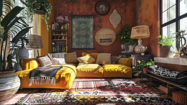 A living space with a bohemian flair, featuring an eclectic mix of colors and patterns. 