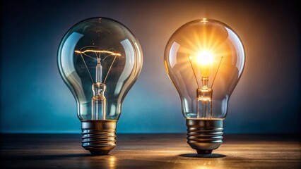 Illuminated light bulb symbolizes knowledge and understanding, contrasting with unlit counterpart, conveying epiphany and intellect through simple, yet powerful, visual representation.