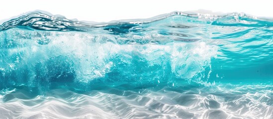 Blue Ocean Wave Underwater Scene with Sandy Seabed on White Background
