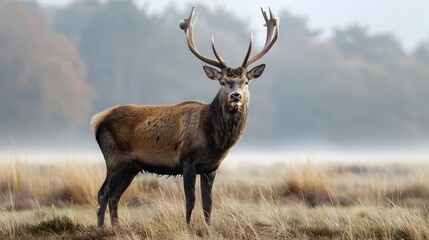 A Majestic Stag Standing Proudly in a Serene Meadow with Detailed Antlers