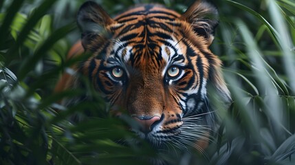 Fototapeta premium Powerful Tiger Prowling Through the Lush Jungle Sharp Eyes and Detailed Stripes in Focus