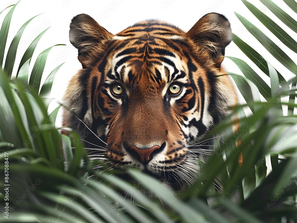 Canvas Prints Majestic Tiger Stalking Through Lush Jungle Greenery with Intense Gaze on White Background