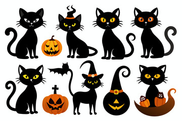 Set of halloween cat vector illustration, Halloween cat silhouette vector art