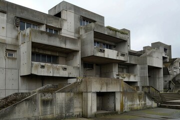 Brutalist concrete architecture building showing outdoor staircase and balconies