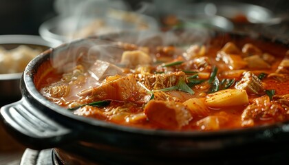 Fototapeta premium Kimchi Jjigae A spicy Korean soup made with kimchi, pork and tofu