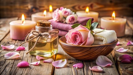 Soothing ambiance features aromatic oils, delicate rose petals, and elegant soap dish in a serene spa setting, exuding relaxation and tranquility.