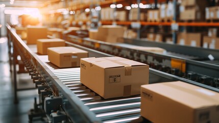 Cardboard Boxes Traveling on Automated Conveyor Line Inside Large Warehouse Filled with Tall Storage Racks and Industrial Logistics Equipment