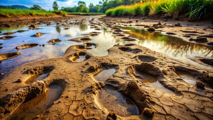 Naklejka premium Fresh muddy footprints on damp soil, reflecting recent human activity, on a gloomy, rough, and uneven natural earthy terrain background.