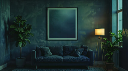 Modern, dark living room interior with blank picture frame mockup.  Concept of minimalist design, home decor, and interior design.