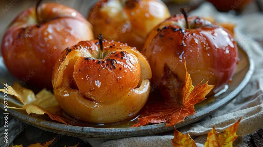 Poster a simple and elegant dessert of baked apples gently wrapped in blanched and softened maple leaves cr
