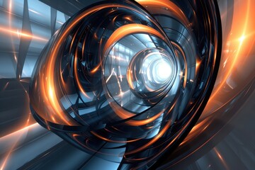 Abstract 3D render of futuristic tunnel or wormhole with glowing orange and blue lights. Concept of science fiction, technology, and digital art.