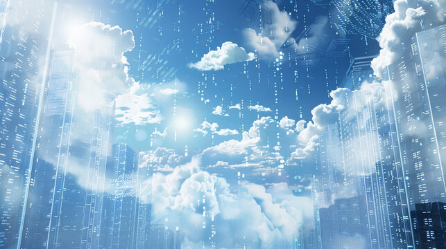 A cloud computing background with digital clouds hovering above a cityscape of server racks