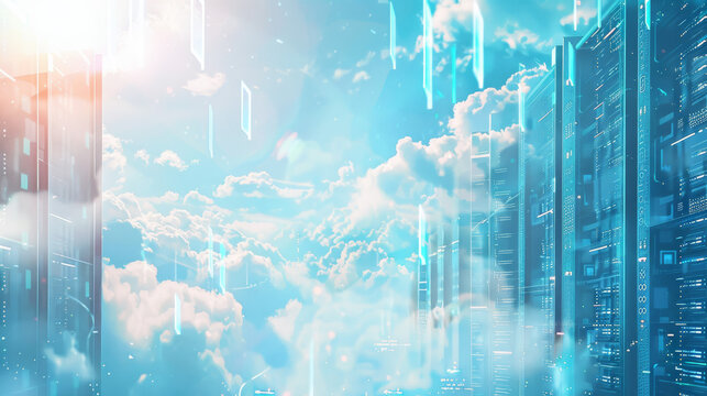 A cloud computing background with digital clouds hovering above a cityscape of server racks