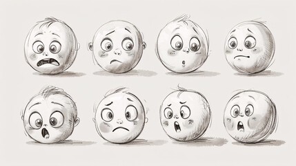 Vintage hand-drawn baby emoji with different expressions, isolated on white