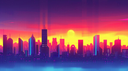 A futuristic city skyline at twilight, with buildings outlined in neon colors transitioning from crimson to burnt orange and indigo. The sky blends from evening blue to shades of purple and pink, 