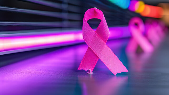 Augmented reality pink ribbon campaign, holographic pins, neonlit setting, modern advocacy - Powered by Adobe