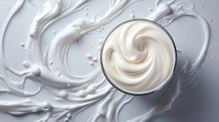 A creamy swirl of yogurt in a glass, with artistic splashes and droplets creating an abstract background.