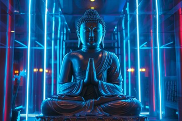 Buddha statue is meditating peacefully, surrounded by vibrant blue and red neon lights, creating a captivating contrast
