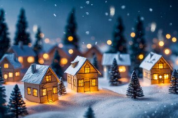 Glowing Homes: Illuminated Paper Houses in Winter Scene