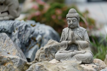 Grey stone buddha statue sitting in meditating pose outdoors on blurred background