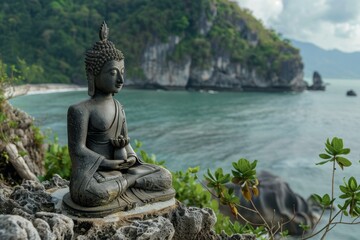 Obraz premium Ancient stone buddha statue meditating peacefully on a cliff overlooking the ocean with green tropical plants in the foreground