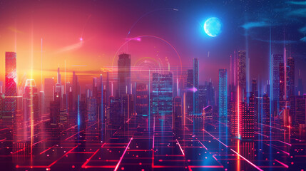 A futuristic city skyline at twilight, with buildings outlined in neon colors transitioning from crimson to burnt orange and indigo. 