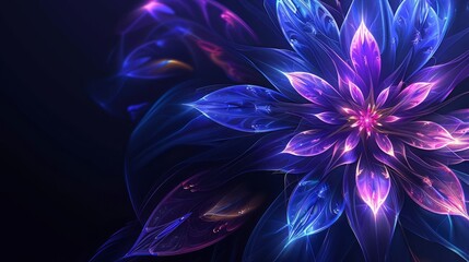 glowing blue and purple flower design, radiating energy on the black backdrop.