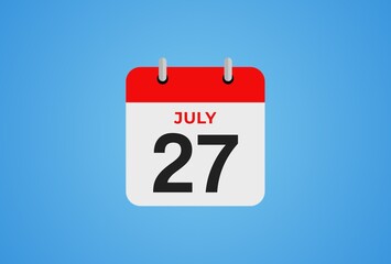 Icon calendar day. 27 July. 27th days of the month, illustration style. Date day of week Sunday, Monday, Tuesday, Wednesday, Thursday, Friday, Saturday. 