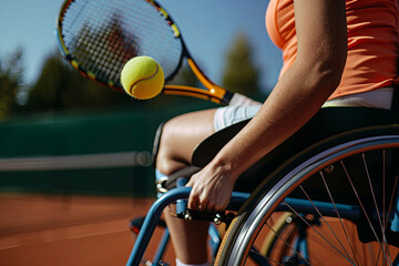 Disabled wheelchair athlete playing tennis, inclusive adaptive sport concept