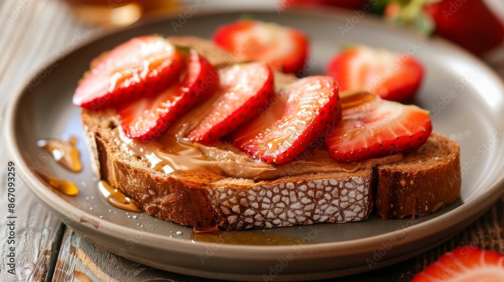 Poster A slice of crusty bread spread with almond butter and topped with sliced strawberries and a drizzle of honey.