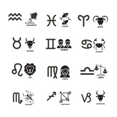 Zodiac signs. Astrological symbols, the constellations Capricorn, Aquarius, Pisces, Virgo, Sagitarius, Leo, Gemini, Cancer, Aries, Taurus, Libra and Scorpio. Twelve astrological avatars.