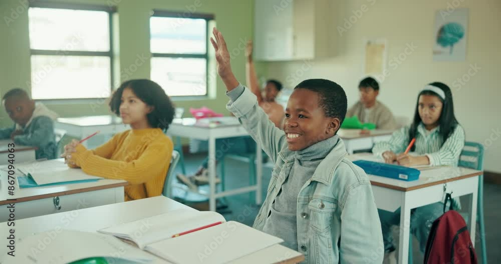 Poster school, happy kids and students in classroom with questions for growth, development and attention to
