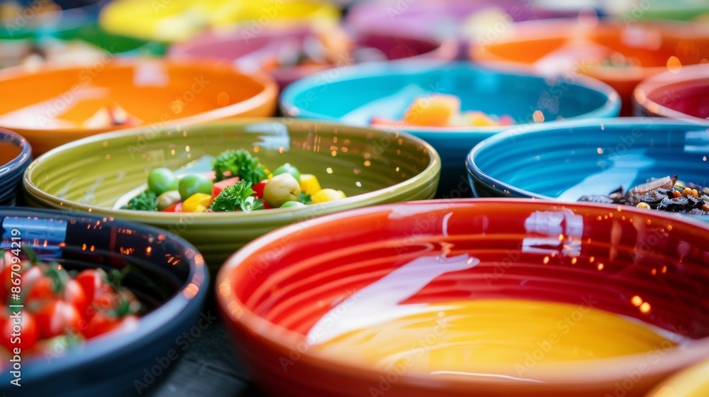 Poster brightly colored plates and bowls are arranged neatly on the table ready to be filled with a diverse