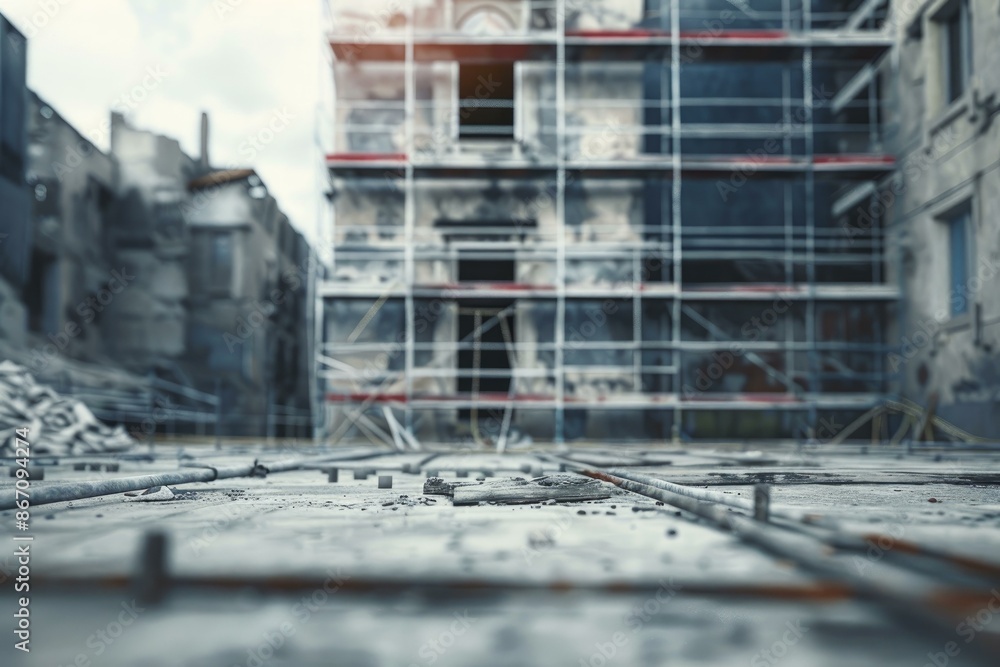 Poster building foundation being prepared with concrete and rebar, while a building is being renovated in t