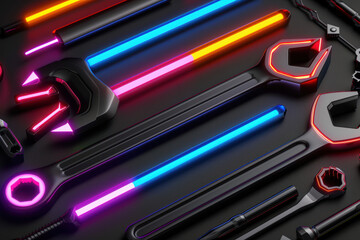 Holographic labor tools, neon details, digital toolbox, modern craftsmanship