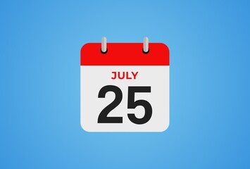 Icon calendar day. 25July. 25th days of the month, illustration style. Date day of week Sunday, Monday, Tuesday, Wednesday, Thursday, Friday, Saturday. 