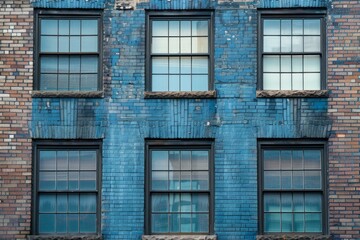 Obraz premium Weathered blue paint on a brick wall with several windows is creating an urban background