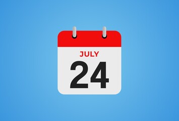 Icon calendar day. 24 July. 24th days of the month, illustration style. Date day of week Sunday, Monday, Tuesday, Wednesday, Thursday, Friday, Saturday. 