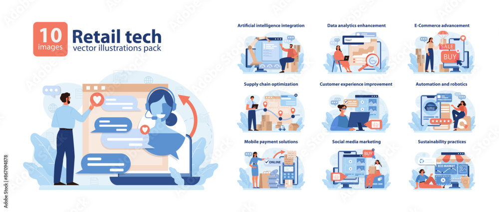 Poster retail tech vector illustrations pack. a dynamic showcase of technology integration in retail.