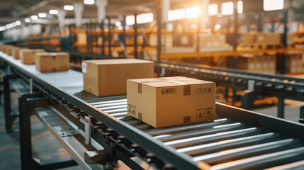 Single Shipping Box Moving Along Sunlit Conveyor Line Inside Busy Warehouse with Automated Sorting and Tall Storage Shelves