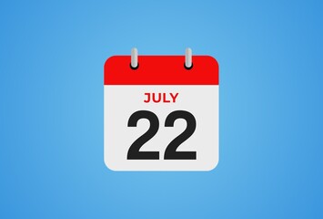 Icon calendar day. 22 July. 22th days of the month, illustration style. Date day of week Sunday, Monday, Tuesday, Wednesday, Thursday, Friday, Saturday. 